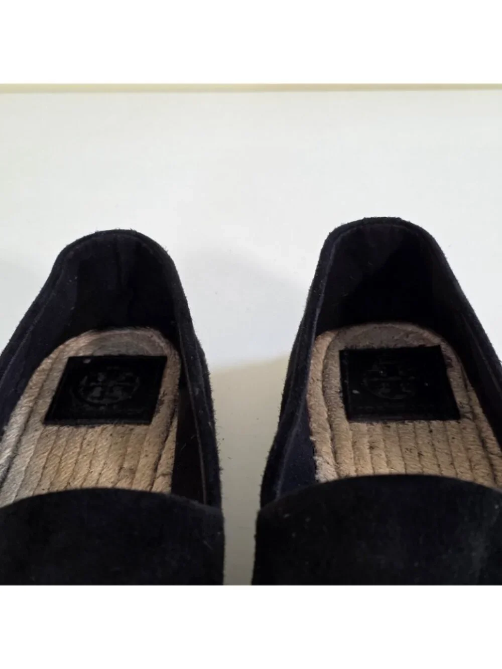 Tory Burch Espadrille Flats Shoes Women 8M Black Suede Leather Cap Toe Double T